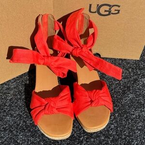 UGG Yarrow Espadrille Wedge Sandal Coral Suede Ankle Tie